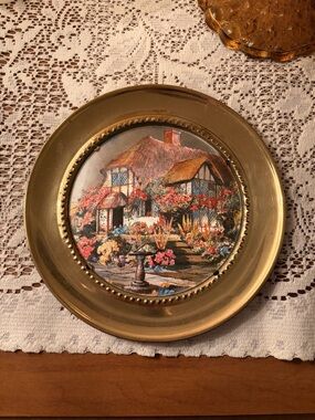 Vintage England Brass Decorative Picture with Cottage Floral Scene